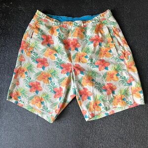 Birddogs Mens Gym Shorts Tropical Floral Lined Cream Orange Size M Long Colorful